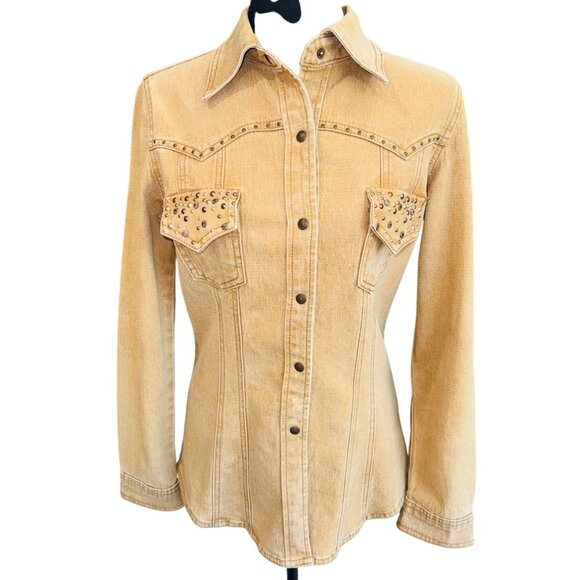 Diane Gilman DG2 Tan Denim Shirt Jacket Studded Western Cowgirl Distress Shacket - Picture 1 of 10
